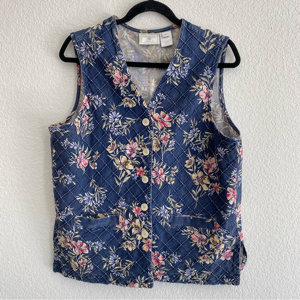 Vintage Susan Bristol Floral Denim Vest Medium Cottagecore Fall 90s Grannycore